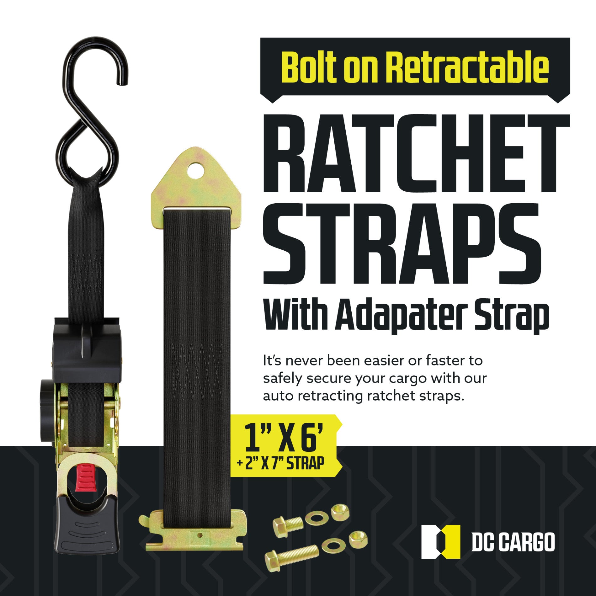 Auto Retracting Straps DC Cargo Bolt-on Retractable Ratchet Straps (2 Pack) - 1x6 FT 600 Lbs Break Strength Bolt On Retractable Ratchet Straps