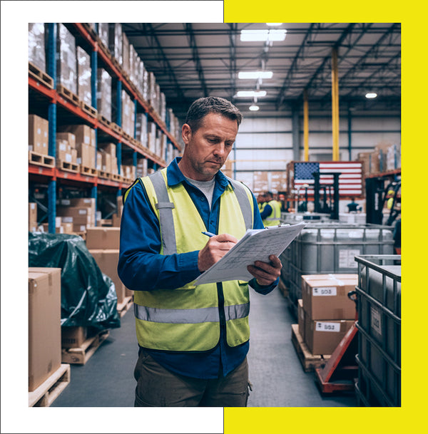 Man in a warehouse wearing a safety vest and holding a clipboard.